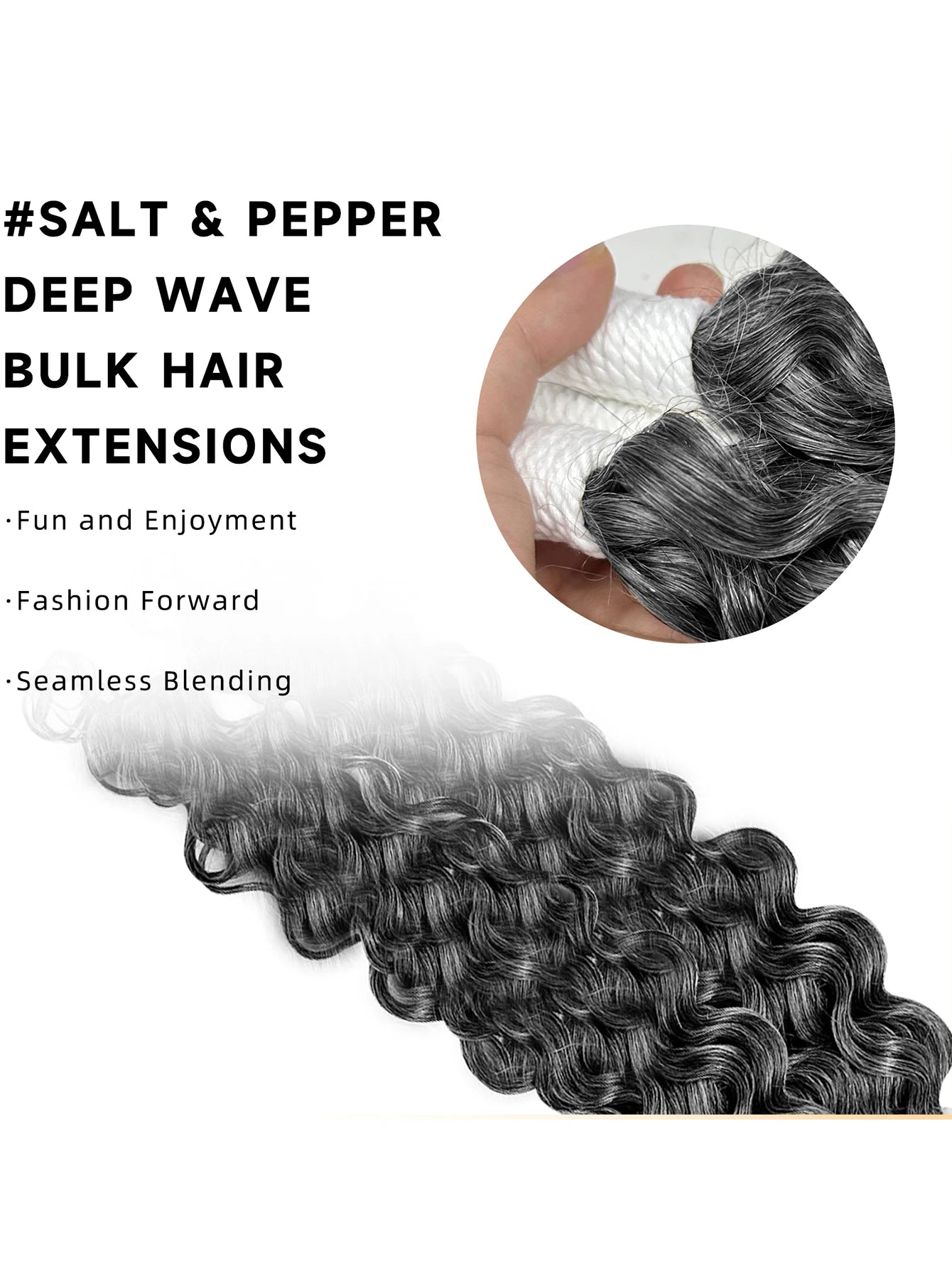 150g Boho Grey Deep Wave Bulk Human Hair for Braiding 3 Bundles No Weft Salt Pepper Gray Curly Human Hair Extensions for Braids