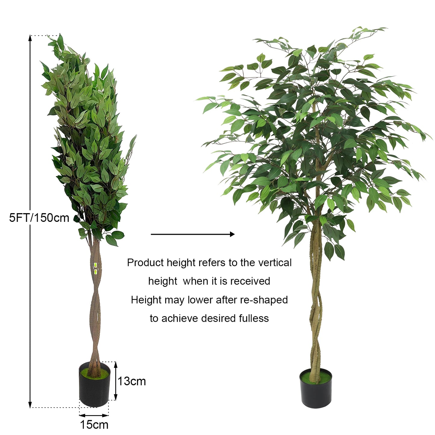 5FT 6FT 7FT Artificial Ficus Tree with Realistic Leaves and Lifelike Trunk,Faux Ficus Tree with Pot for Home Decor