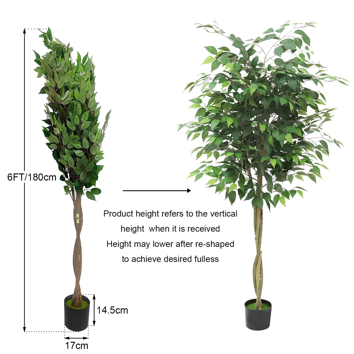 5FT 6FT 7FT Artificial Ficus Tree with Realistic Leaves and Lifelike Trunk,Faux Ficus Tree with Pot for Home Decor