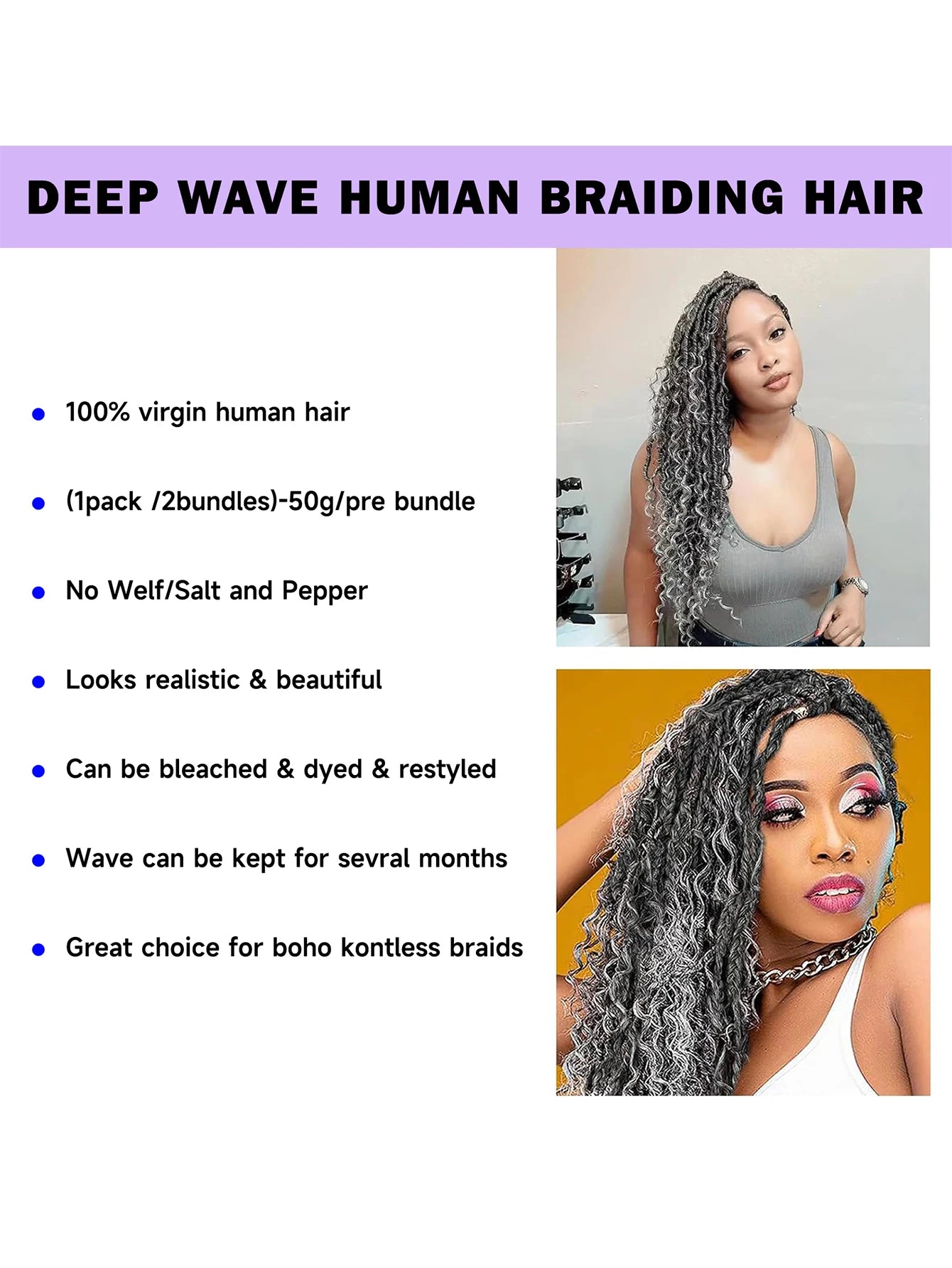 150g Boho Grey Deep Wave Bulk Human Hair for Braiding 3 Bundles No Weft Salt Pepper Gray Curly Human Hair Extensions for Braids