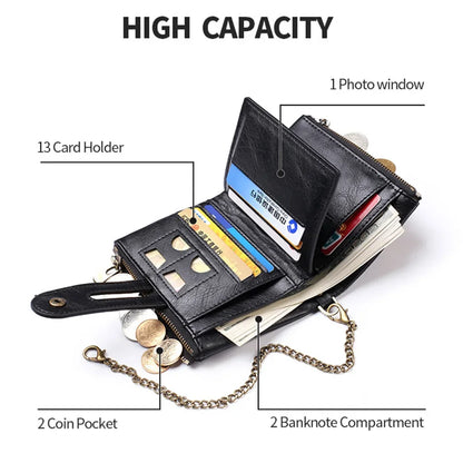 New Men Wallets PU Leather Short Card Holder Chain Luxury Brand Men's Purse High Quality Classic Retro Male Wallet Valentines