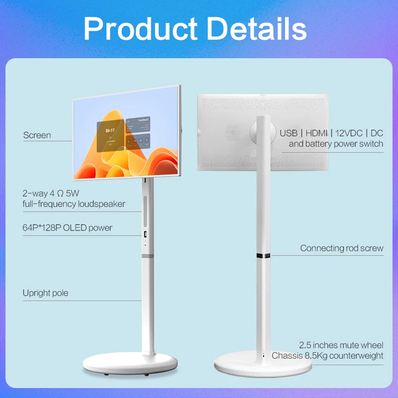 TouchWo Standby me 27 32 inch Moving Smart portable Television Monitor Touch Screen Rolling Rechargeable Tv Stand On Wheels