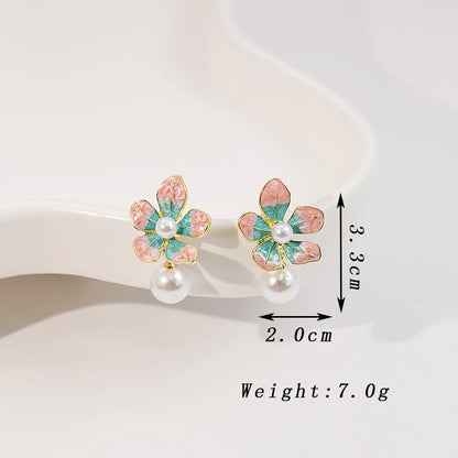 Pink Enamel Big Flower Drop Earrings Women White Imitation Pearl Dangle Earrings Wedding Party Contrast Color Elegant Jewelry