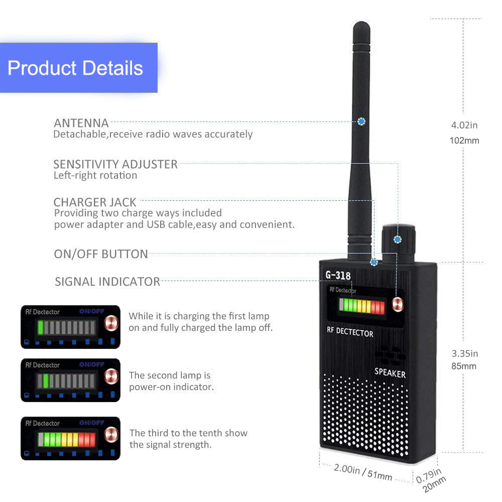 G318 Anti Spy Wireless RF Signal Detector Bug GSM GPS Tracker Camera Finder Eavesdropping Detect Wifi Professional Scanner G618W