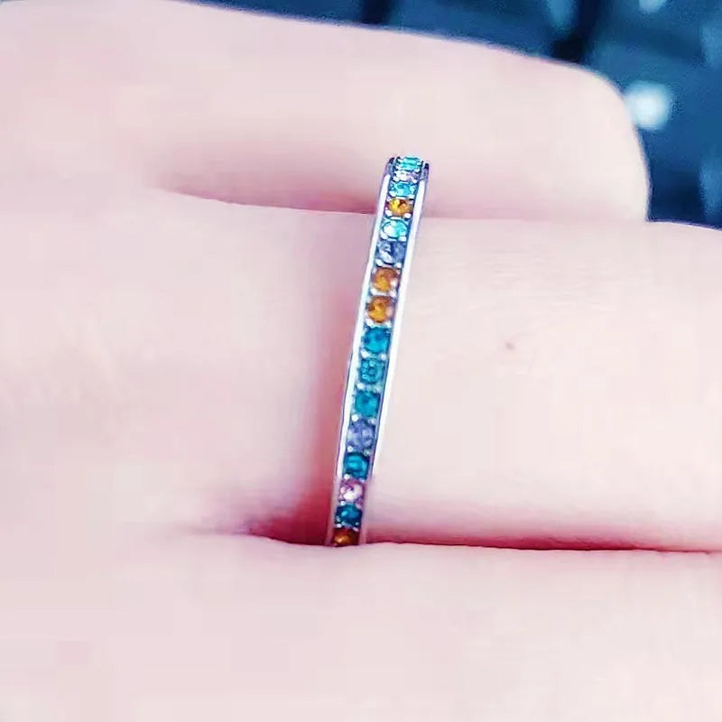 3mm Colorful CZ Eternity Ring Thin Engagement Wedding Birthstone Rainbow Color Classic Simple Round Simple Ring