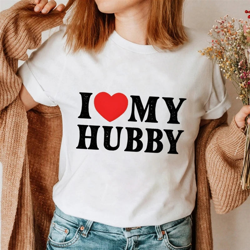 I Love My Wife I Love Hubby Print Couple T Shirt Summer Short Sleeve Loose Women Men Tee Shirt Funny Heart Lovers Couple Tshirt