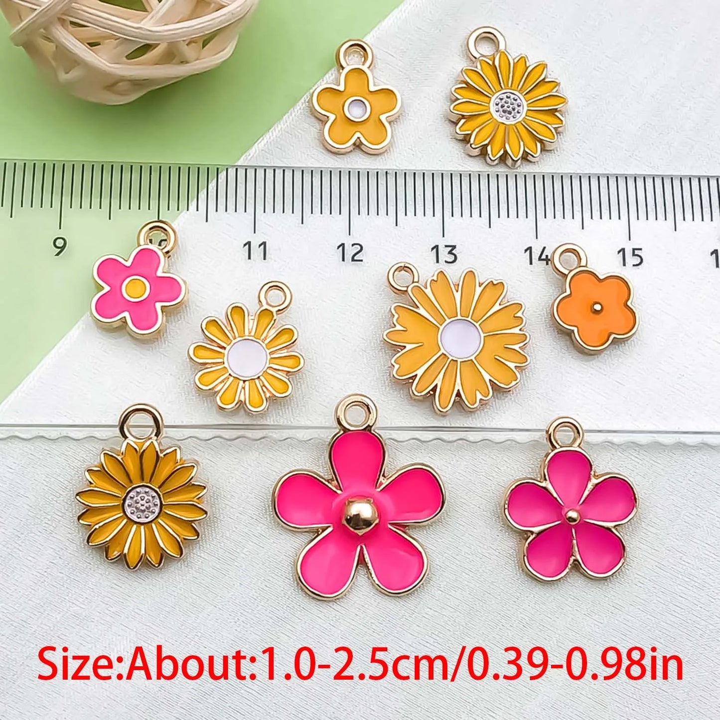 30pcs Yellow & Rose Red Enamel Flower Charms Alloy Small Daisies,  Chrysanthemum Pendants For DIY Jewelry Making Accessories