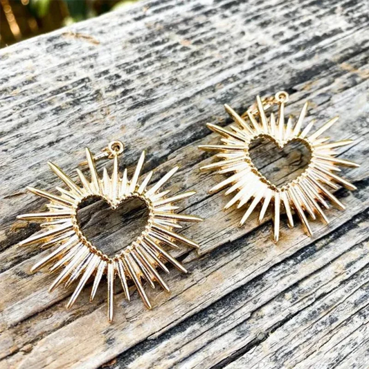 VALENTINES EARRINGS Hollow out Heart Drop Earrings for Women Gold Plated Boho Metal Spike Ear Accessories Gold Flaming Heart