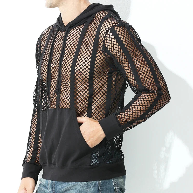 Men Mesh Shirt Transparent Long Sleeve Men Clothing Sexy Solid Party Nightclub Hooded Tops