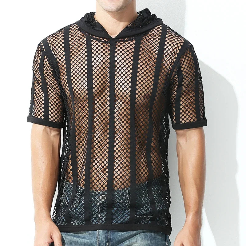 Men Mesh Shirt Transparent Long Sleeve Men Clothing Sexy Solid Party Nightclub Hooded Tops