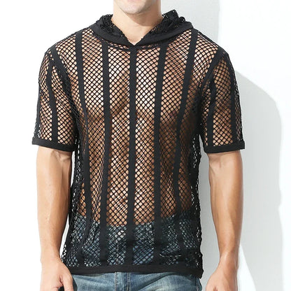 Men Mesh Shirt Transparent Long Sleeve Men Clothing Sexy Solid Party Nightclub Hooded Tops