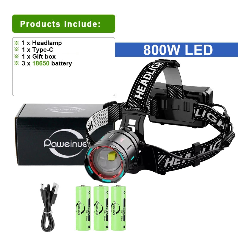 2024 New Super Powerful Headlamp 800W LED IR Sensor Headlight Rechargeable Head Flashlight 5000 Meter Head Lamp Fishing Lantern