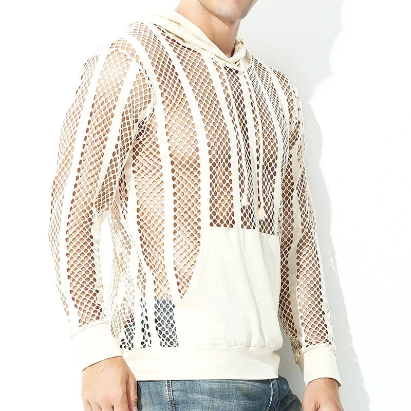 Men Mesh Shirt Transparent Long Sleeve Men Clothing Sexy Solid Party Nightclub Hooded Tops