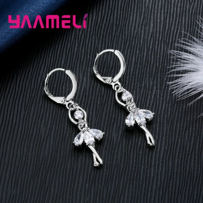 Solid S925 Sterling Silver Jewelry Gift Sets Cute Ballet Dancer Design Necklace Hoop Loop Earrings for Women Party