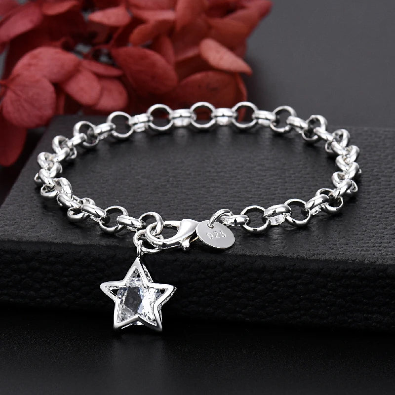 Fine 925 Sterling Silver Bracelet Crystal star chain For Women luxury fashion party Wedding Jewelry lovers gift charms