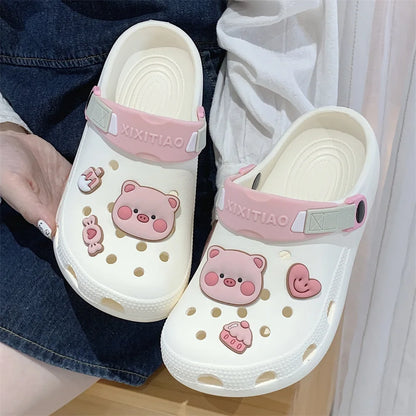 Cute Heart Women Hole Shoes 2024 Summer New Women's Fun Little Bear Cartoon Baotou Cool Slippers Outdoor Summer Beach Sandals