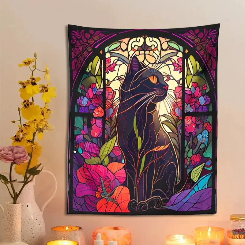 Psychedelic Black Cat Tapestry Wall Hanging Rose and Sunbeam Art Nouveau Floral Wall Art Animal Cat Lovers Gift Home Decor