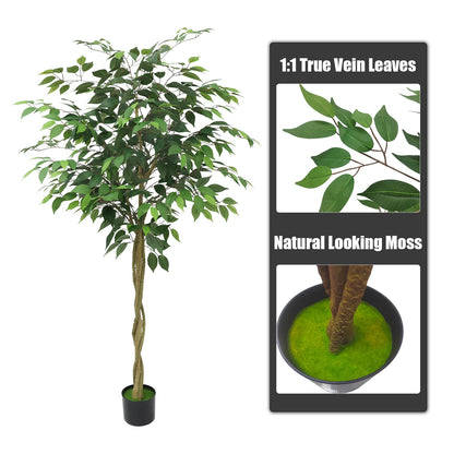 5FT 6FT 7FT Artificial Ficus Tree with Realistic Leaves and Lifelike Trunk,Faux Ficus Tree with Pot for Home Decor