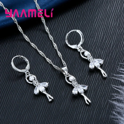 Solid S925 Sterling Silver Jewelry Gift Sets Cute Ballet Dancer Design Necklace Hoop Loop Earrings for Women Party