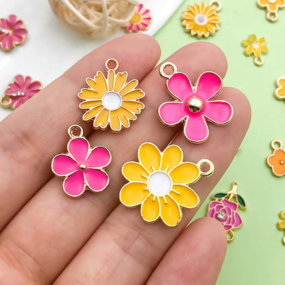 30pcs Yellow & Rose Red Enamel Flower Charms Alloy Small Daisies,  Chrysanthemum Pendants For DIY Jewelry Making Accessories