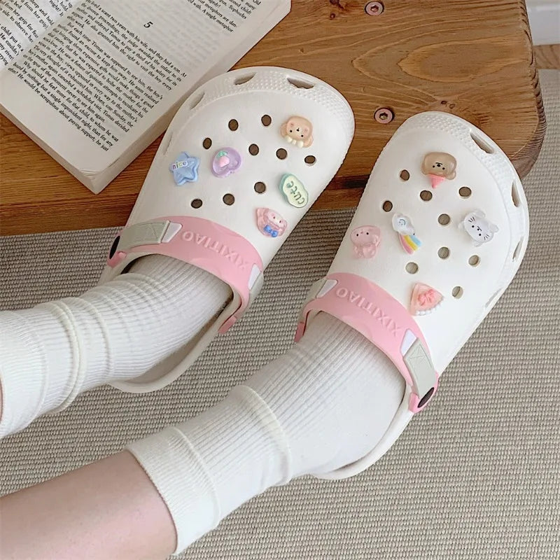 Cute Heart Women Hole Shoes 2024 Summer New Women's Fun Little Bear Cartoon Baotou Cool Slippers Outdoor Summer Beach Sandals