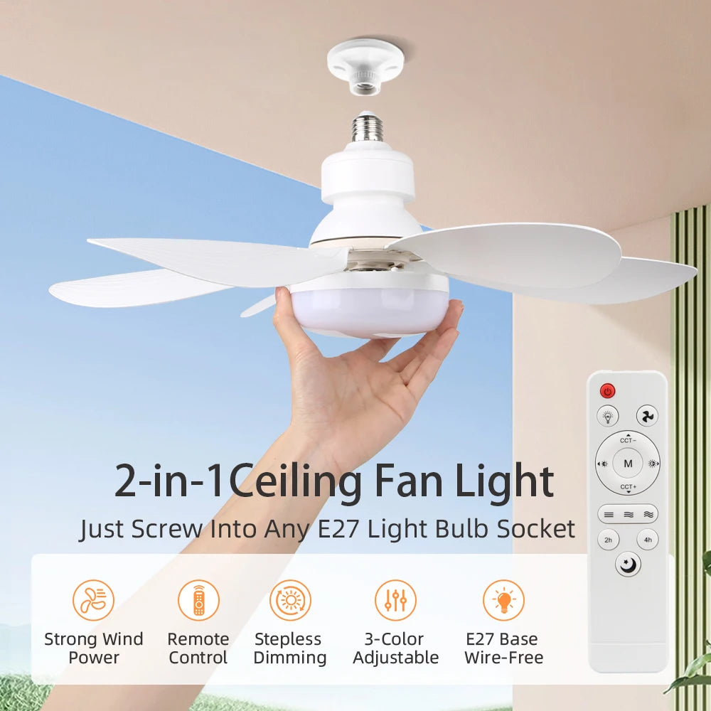 E27 LED Ceiling Fan Light with Remote Control Dimming Hanging Lamp for Living Room Study Home Adjustable Wind Speed Fan Lamps