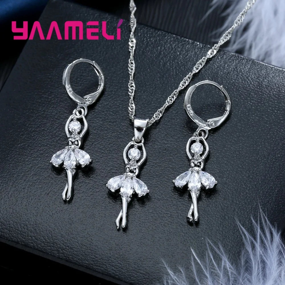 Solid S925 Sterling Silver Jewelry Gift Sets Cute Ballet Dancer Design Necklace Hoop Loop Earrings for Women Party