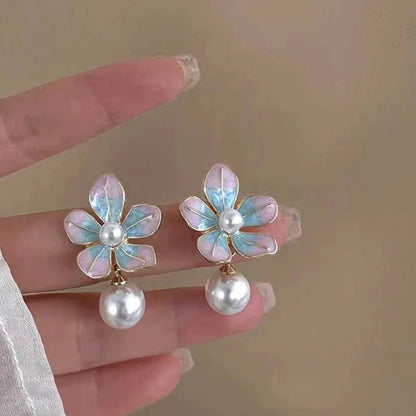 Pink Enamel Big Flower Drop Earrings Women White Imitation Pearl Dangle Earrings Wedding Party Contrast Color Elegant Jewelry