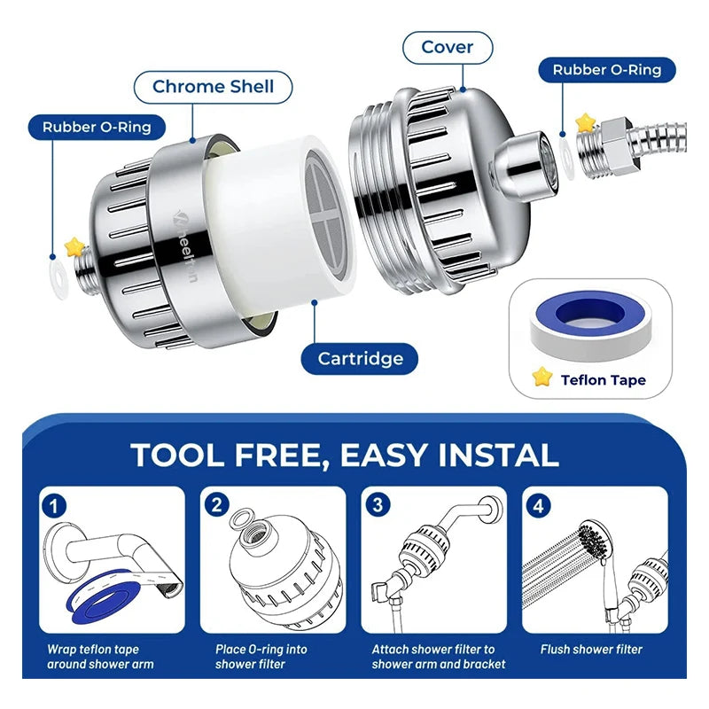 Wheelton Water Filter Purifier KDF+Calcium Sulfite Shower Bathing Softener Chlorine Removal Attach 2 Extra Filters