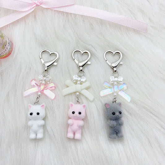 1 Pcs Fuzzy Kitty Cat Decor Gifts Cat Lovers Y2K Heart Bow Pendent Women Girls Kawaii Cat Bag Charm Cute Cat Keychain Keyring