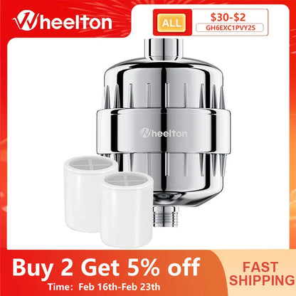 Wheelton Water Filter Purifier KDF+Calcium Sulfite Shower Bathing Softener Chlorine Removal Attach 2 Extra Filters