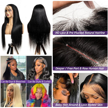 Brazilian 36 Inch Bone Straight Black 13x6 HD Lace Frontal Wigs 5x5 Glueless Lace Closure Ready To Wear Human Hair Wig 360 Full