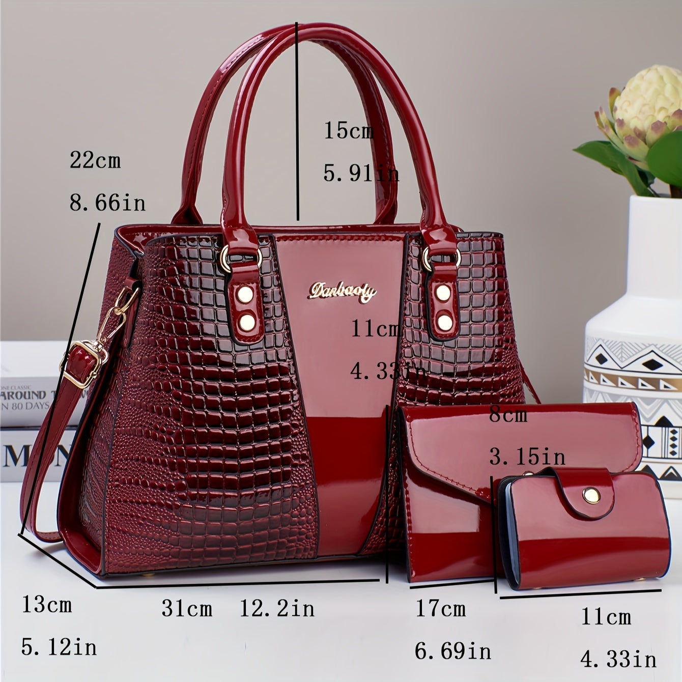 3pcs Elegant PU Handbag Set, Crocodile Pattern Large Capacity Crossbody Bag with Coin Purse and Card Holder, Lightweight Shoulder Bag with Sequins and Zipper Closure