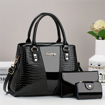 3pcs Elegant PU Handbag Set, Crocodile Pattern Large Capacity Crossbody Bag with Coin Purse and Card Holder, Lightweight Shoulder Bag with Sequins and Zipper Closure