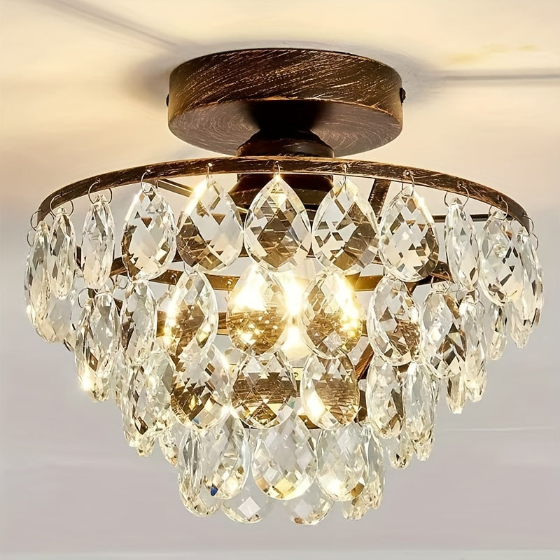 1pc Modern Golden Crystal Chandelier Light - E26 Flush Mount Ceiling Fixture with K9 Crystals, Polished Metal Finish, Easy Install for Bedroom, Bathroom, Hallway & More