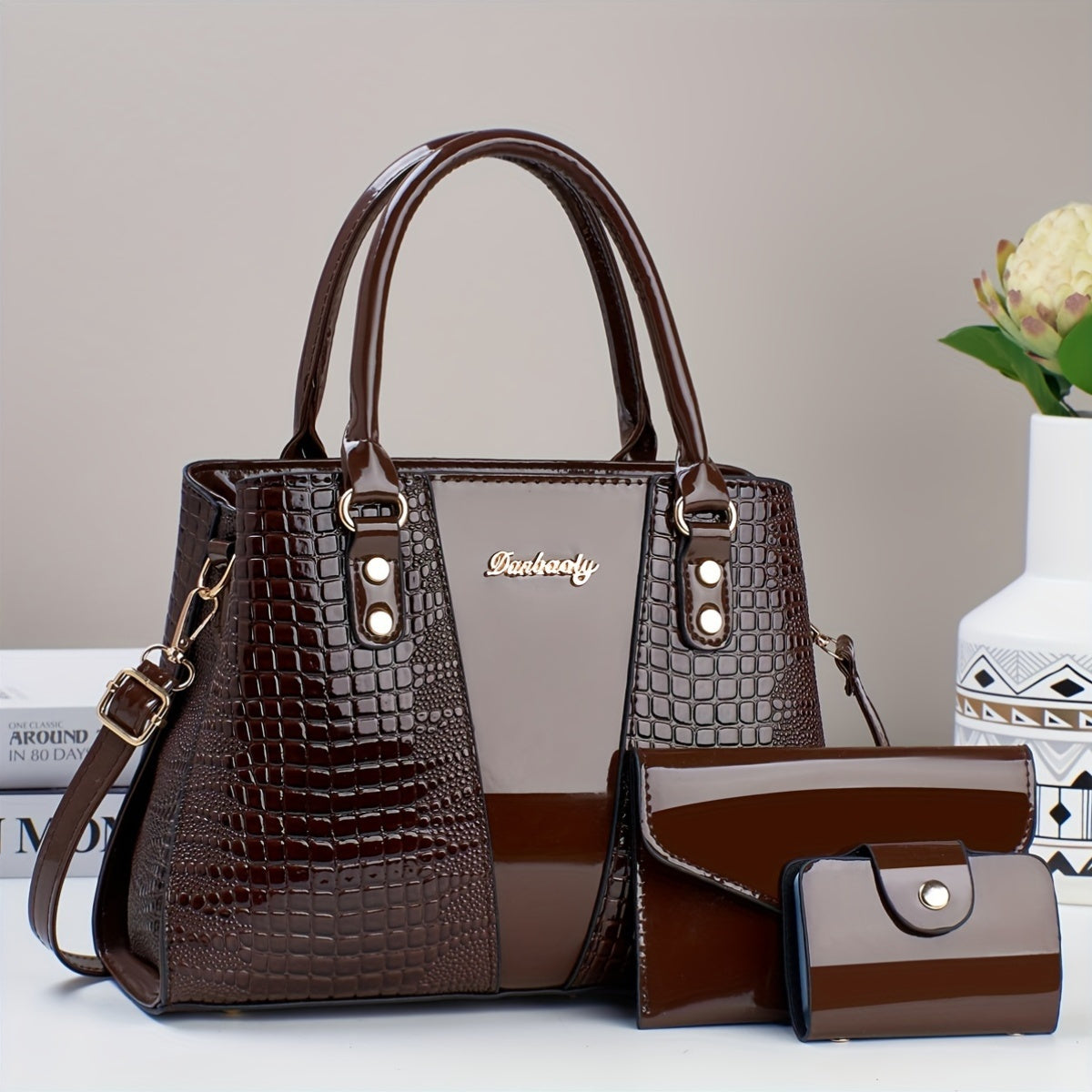 3pcs Elegant PU Handbag Set, Crocodile Pattern Large Capacity Crossbody Bag with Coin Purse and Card Holder, Lightweight Shoulder Bag with Sequins and Zipper Closure