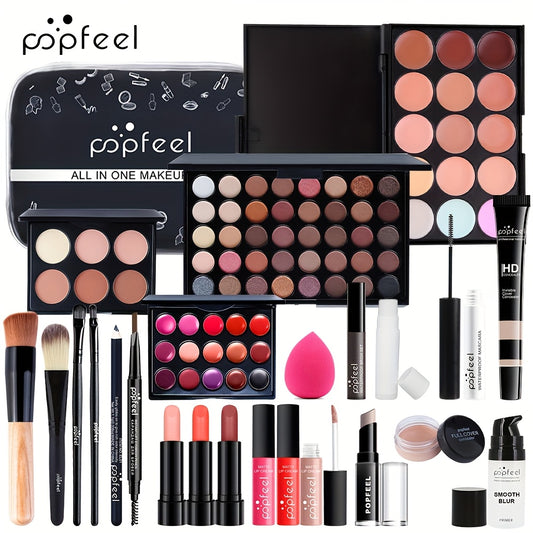 POPFEEL Cross-border Exclusive Color Makeup Set Combination 24pcs Set, 40-color Eyeshadow Palette, Lip Gloss, Foundation, Lipstick, Makeup Brushes, etc., Beginner Beauty Makeup Girl Student Affordable Color Makeup