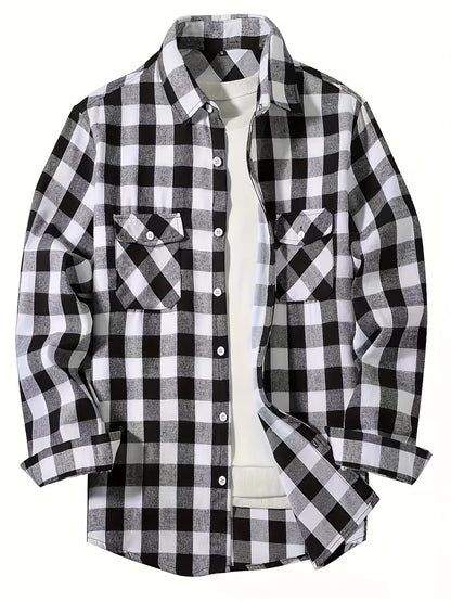 3pcs Men'S Plaid Long Sleeve Casual Shirts with Lapel Collar, Pocket Details, Polyester Material, Non-Stretch Fabric, Spring/Fall Season, Regular Fit, Sports Style