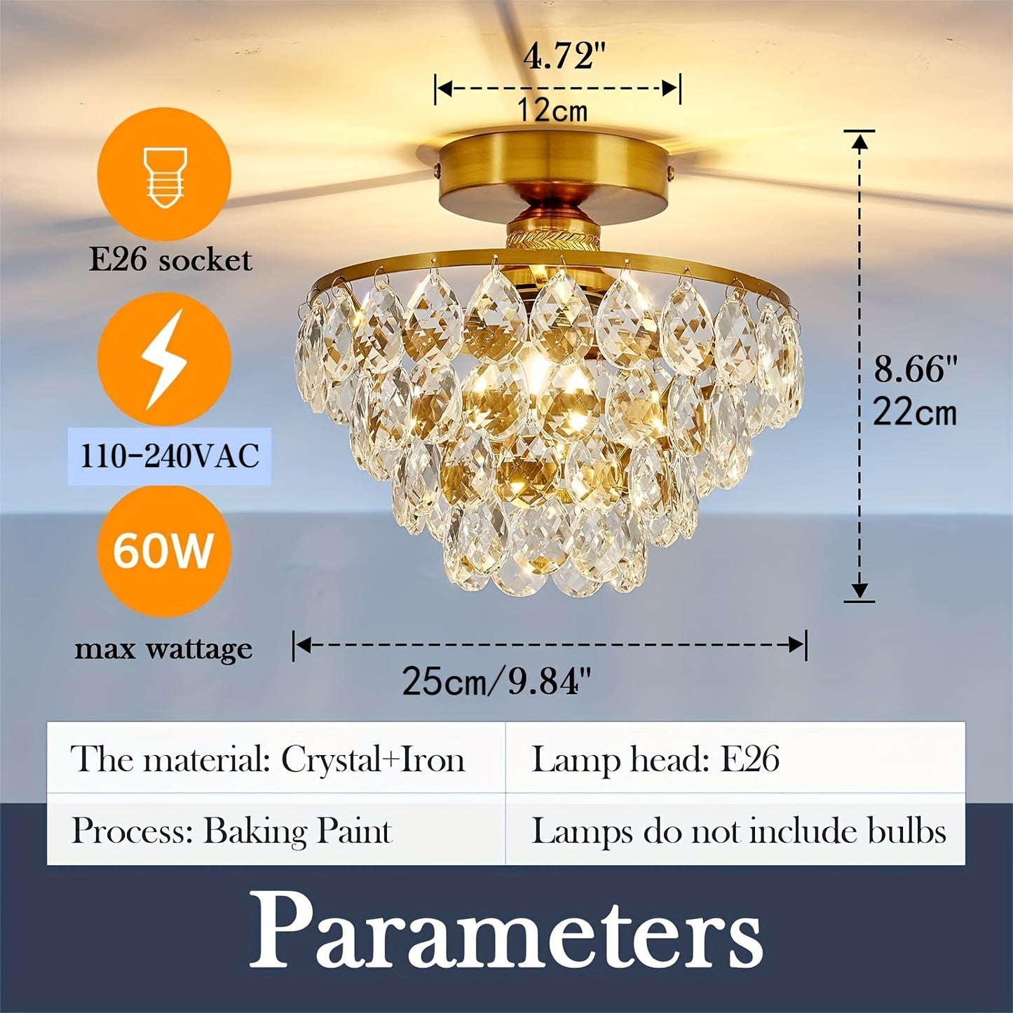 1pc Modern Golden Crystal Chandelier Light - E26 Flush Mount Ceiling Fixture with K9 Crystals, Polished Metal Finish, Easy Install for Bedroom, Bathroom, Hallway & More