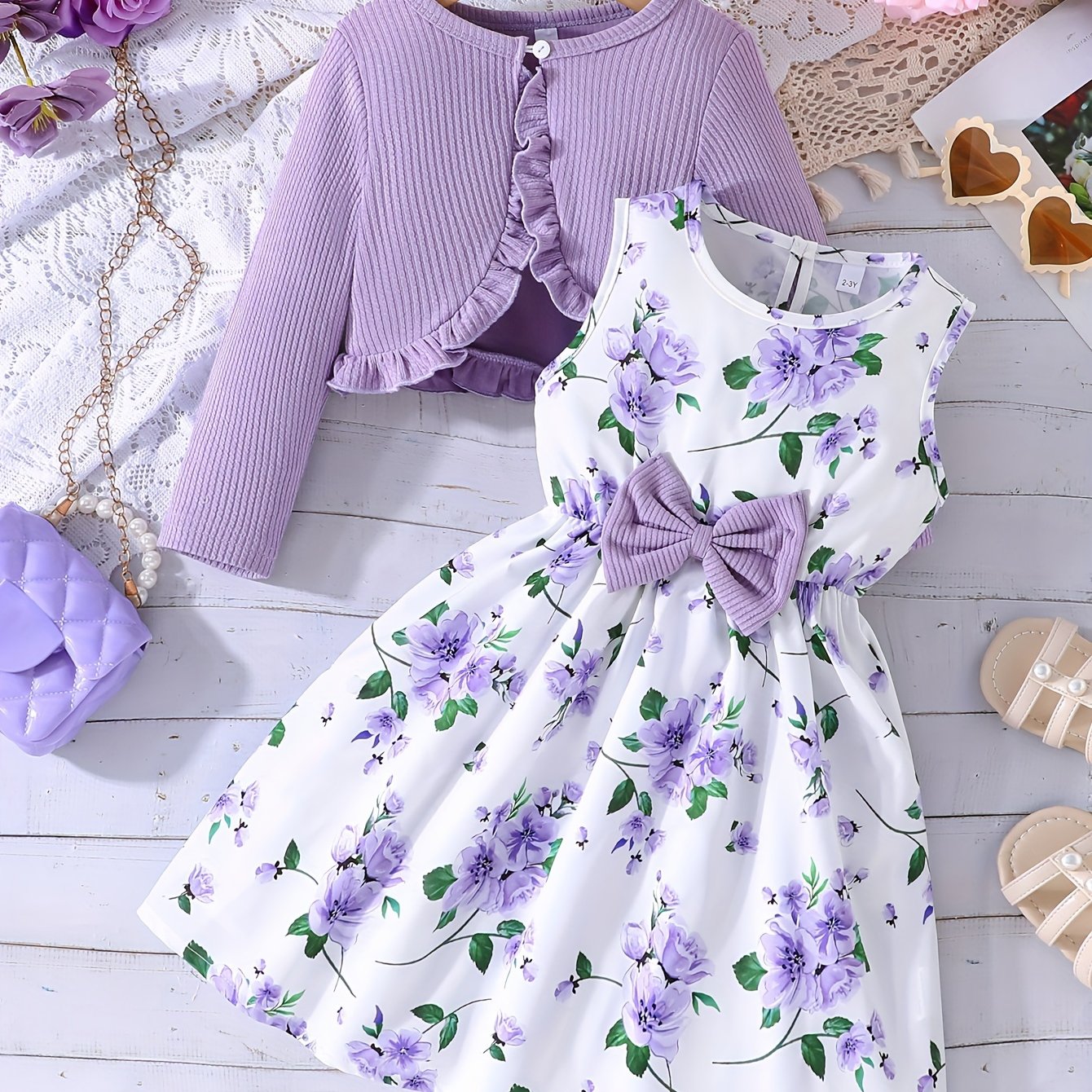 Girls' Flower Print Casual Vest Dress with Chest Measurement by Pulling + Solid Color Long Sleeve Jacket