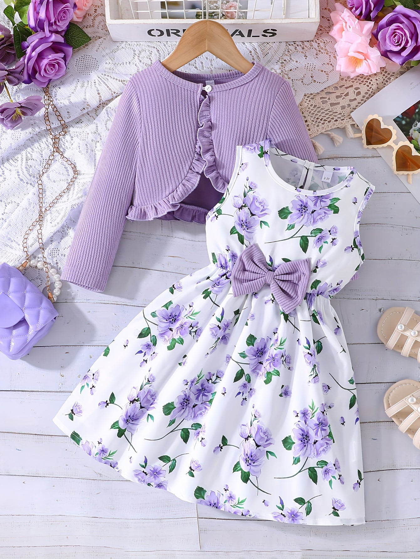 Girls' Flower Print Casual Vest Dress with Chest Measurement by Pulling + Solid Color Long Sleeve Jacket