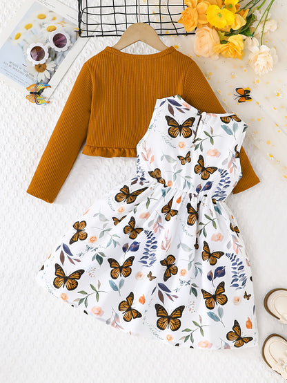 2pcs Girls Casual Dress With Butterfly Print Paired With Solid Color Long-sleeved Jacket Outdoor Outfit