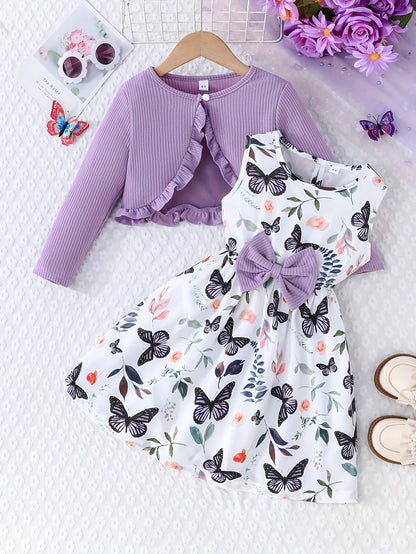 2pcs Girls Casual Dress With Butterfly Print Paired With Solid Color Long-sleeved Jacket Outdoor Outfit