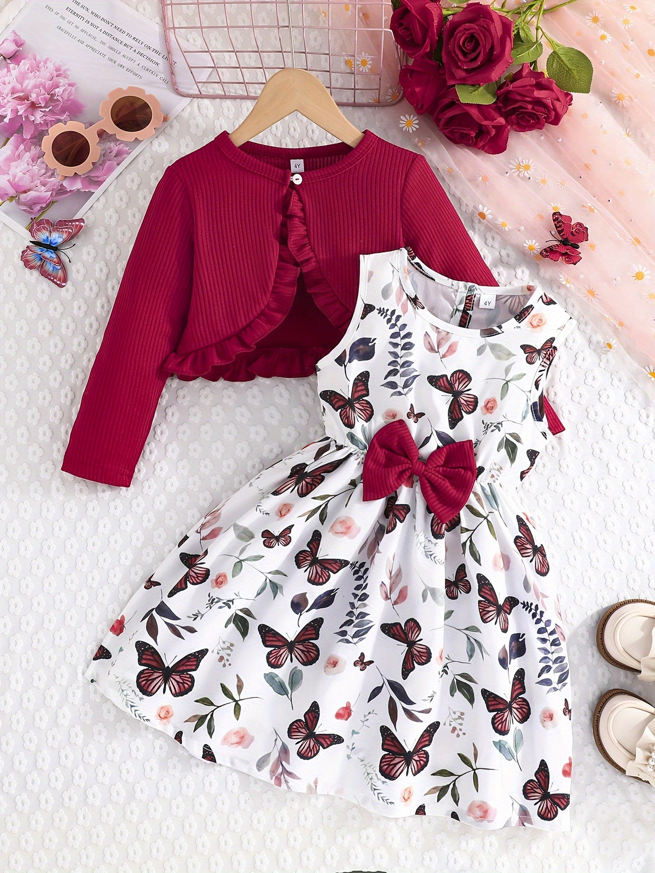 2pcs Girls Casual Dress With Butterfly Print Paired With Solid Color Long-sleeved Jacket Outdoor Outfit