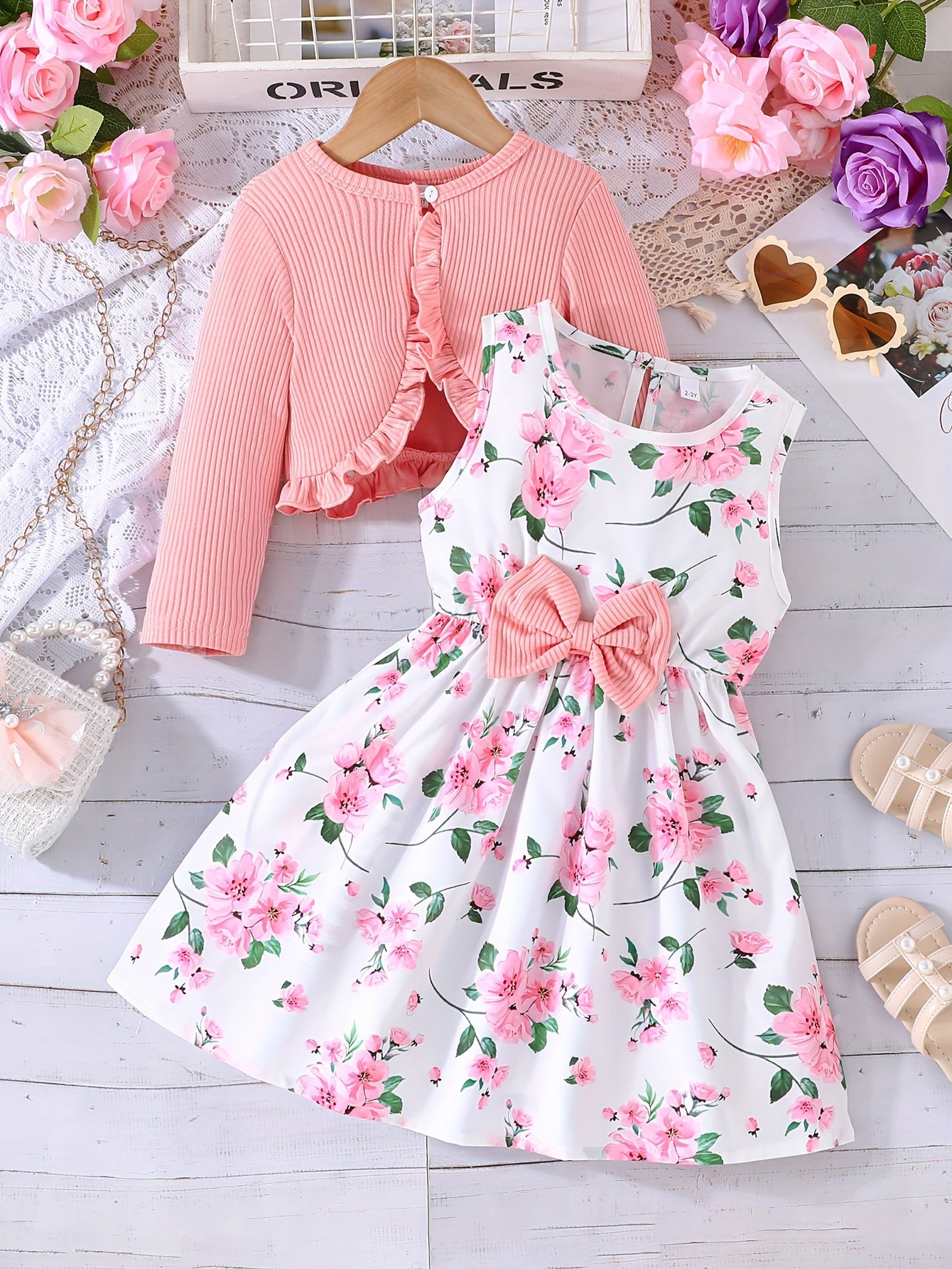 Girls' Flower Print Casual Vest Dress with Chest Measurement by Pulling + Solid Color Long Sleeve Jacket