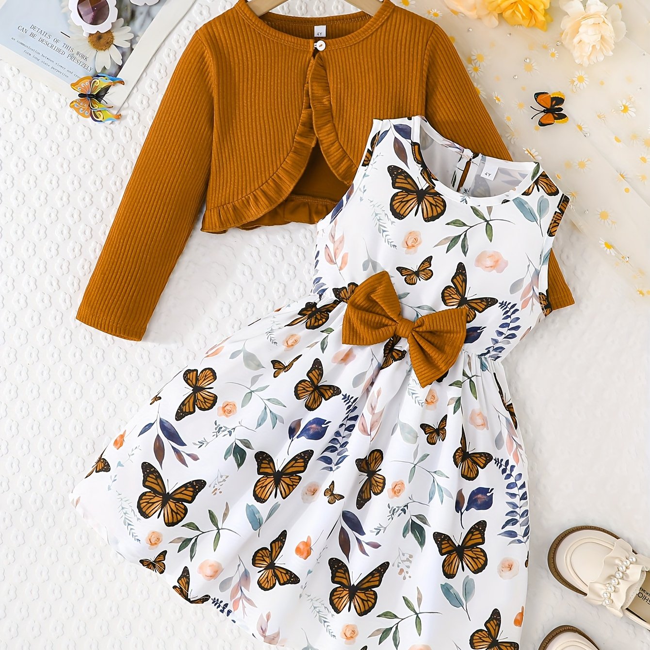 2pcs Girls Casual Dress With Butterfly Print Paired With Solid Color Long-sleeved Jacket Outdoor Outfit