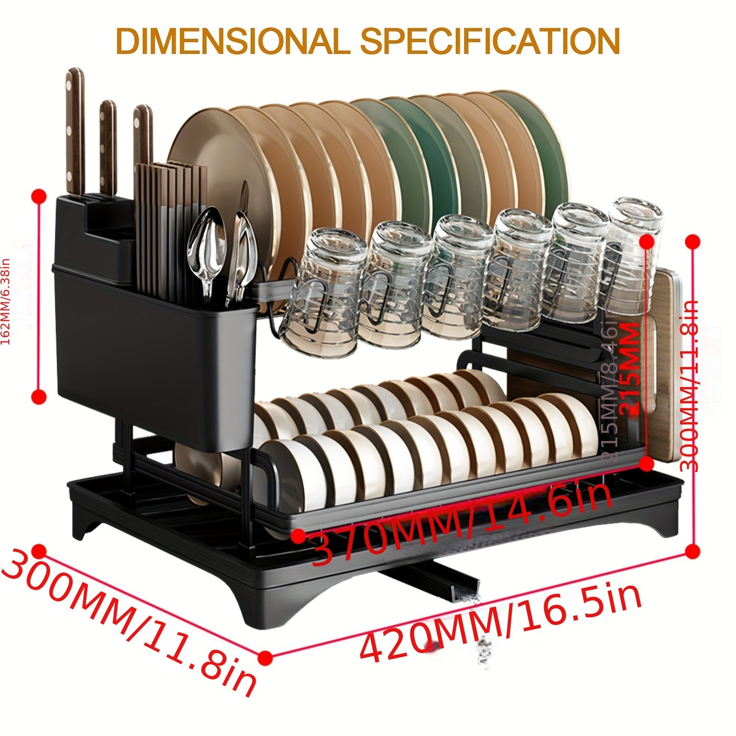 2-Tier Iron Dish Drying Rack with Drainboard and Cutlery Holder, Kitchen Countertop Plate Bowl Organizer, Dish Rack with Knife Block, Glass Holder - Perfect Gift for Women, Wife, Mother's Day Kitchen Gadget (Copie)