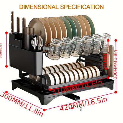 2-Tier Iron Dish Drying Rack with Drainboard and Cutlery Holder, Kitchen Countertop Plate Bowl Organizer, Dish Rack with Knife Block, Glass Holder - Perfect Gift for Women, Wife, Mother's Day Kitchen Gadget