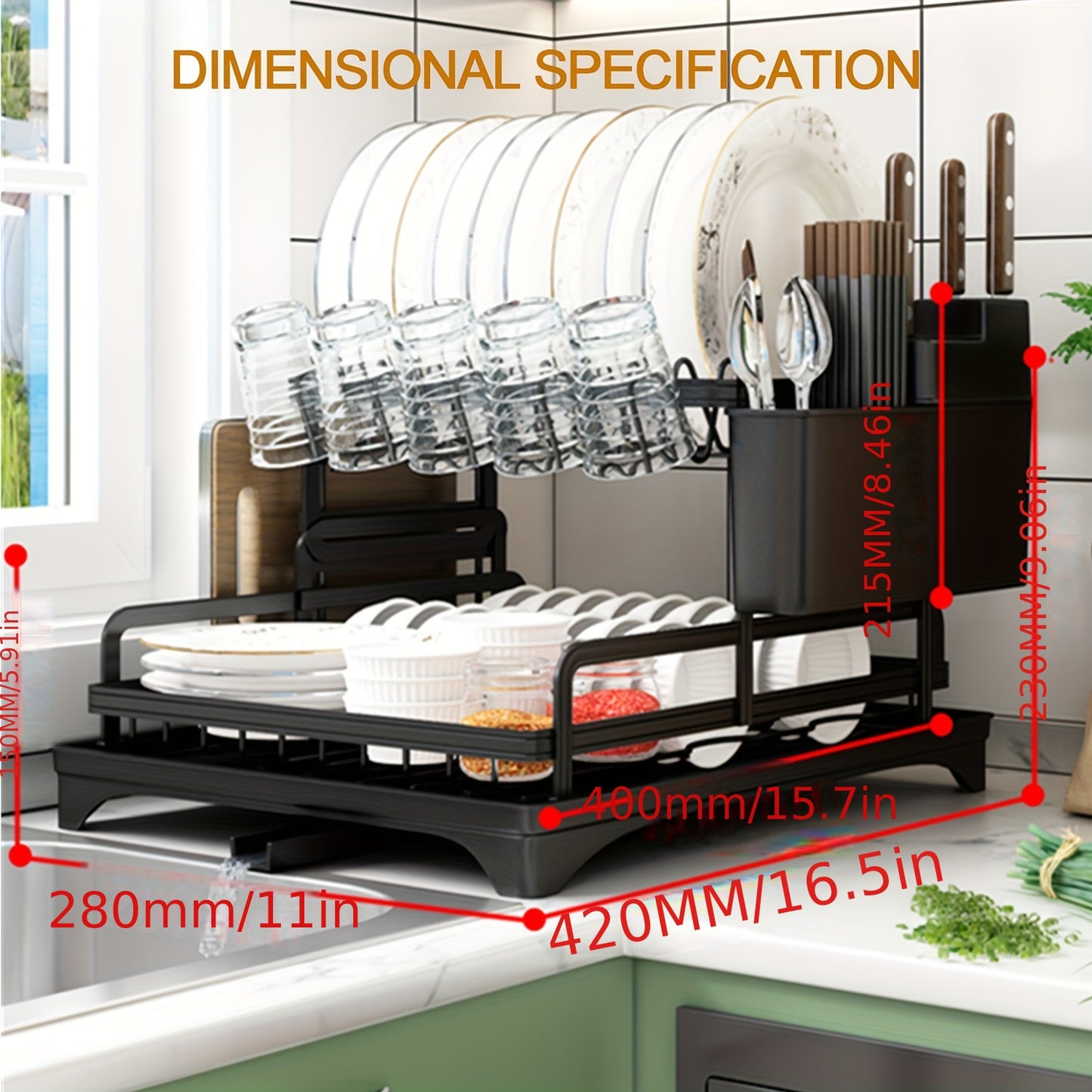 2-Tier Iron Dish Drying Rack with Drainboard and Cutlery Holder, Kitchen Countertop Plate Bowl Organizer, Dish Rack with Knife Block, Glass Holder - Perfect Gift for Women, Wife, Mother's Day Kitchen Gadget (Copie)