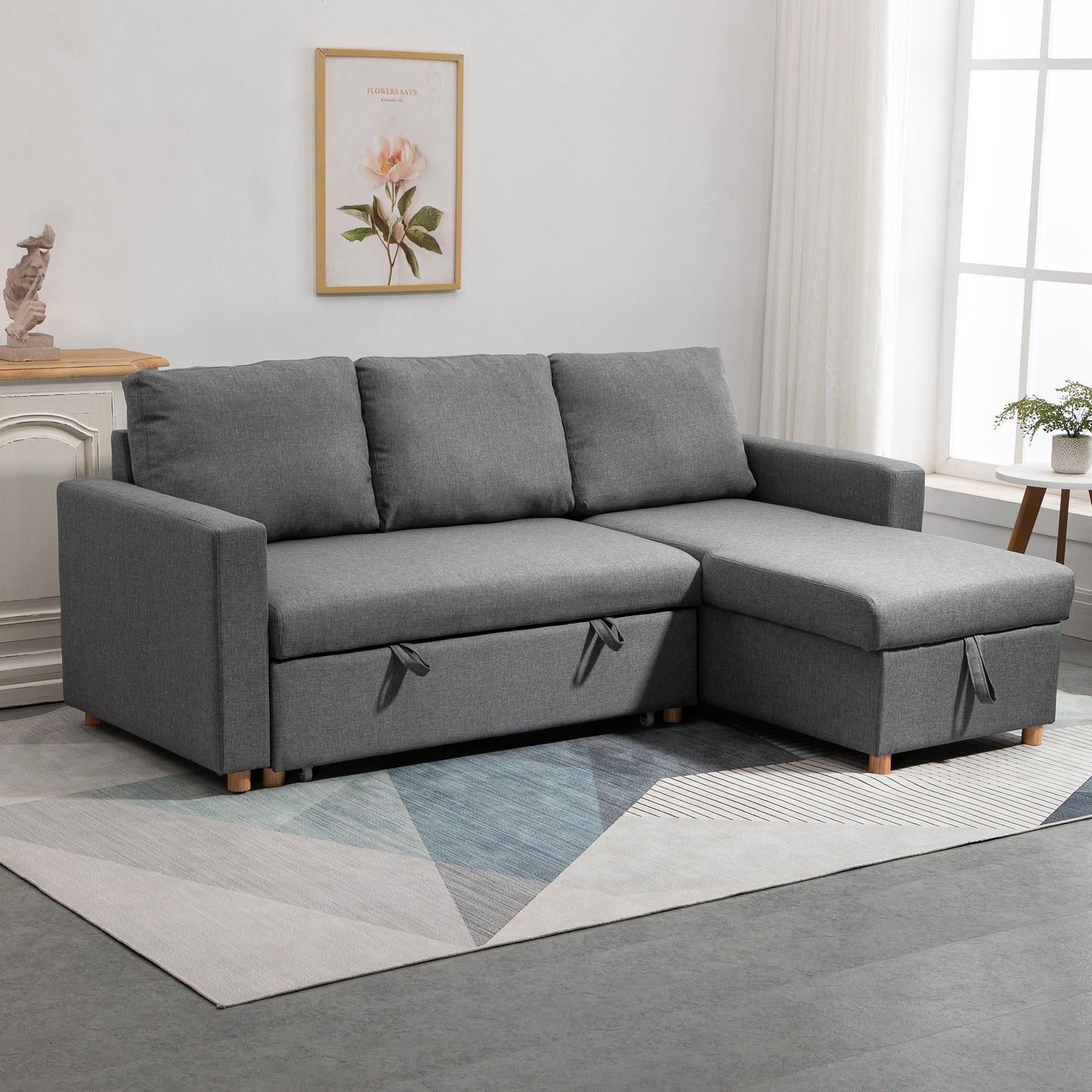 HOMCOM 3-Seater Convertible Corner Sofa - Reversible Chaise Longue - Integrated Storage Box - High-Density Foam 24D Filling - Linen-Look Grey Polyester Fabric